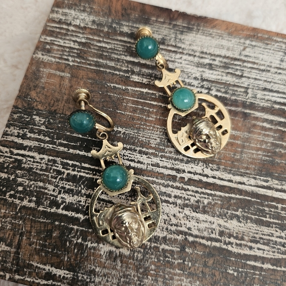 Ancient Chinese Zhou armor Warrior Samurai Japan Gold Tone Jade Stone Earrings - Picture 9 of 12